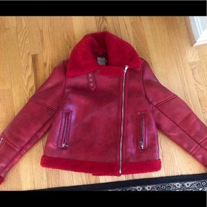 Red faux leather and shearling jacket